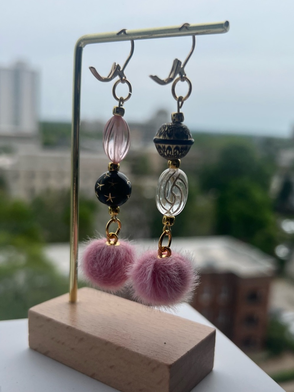 Pink Pom Drop Earrings with Mixed Beads